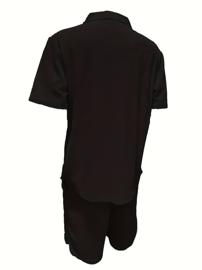 2 Peças Conjunto Casual Masculino de Verão, Camisa Manga Curta com Calça de Cordão e Tecido Não Elástico, Corte Regular para Uso Diário e Praia, Cor Sólida
