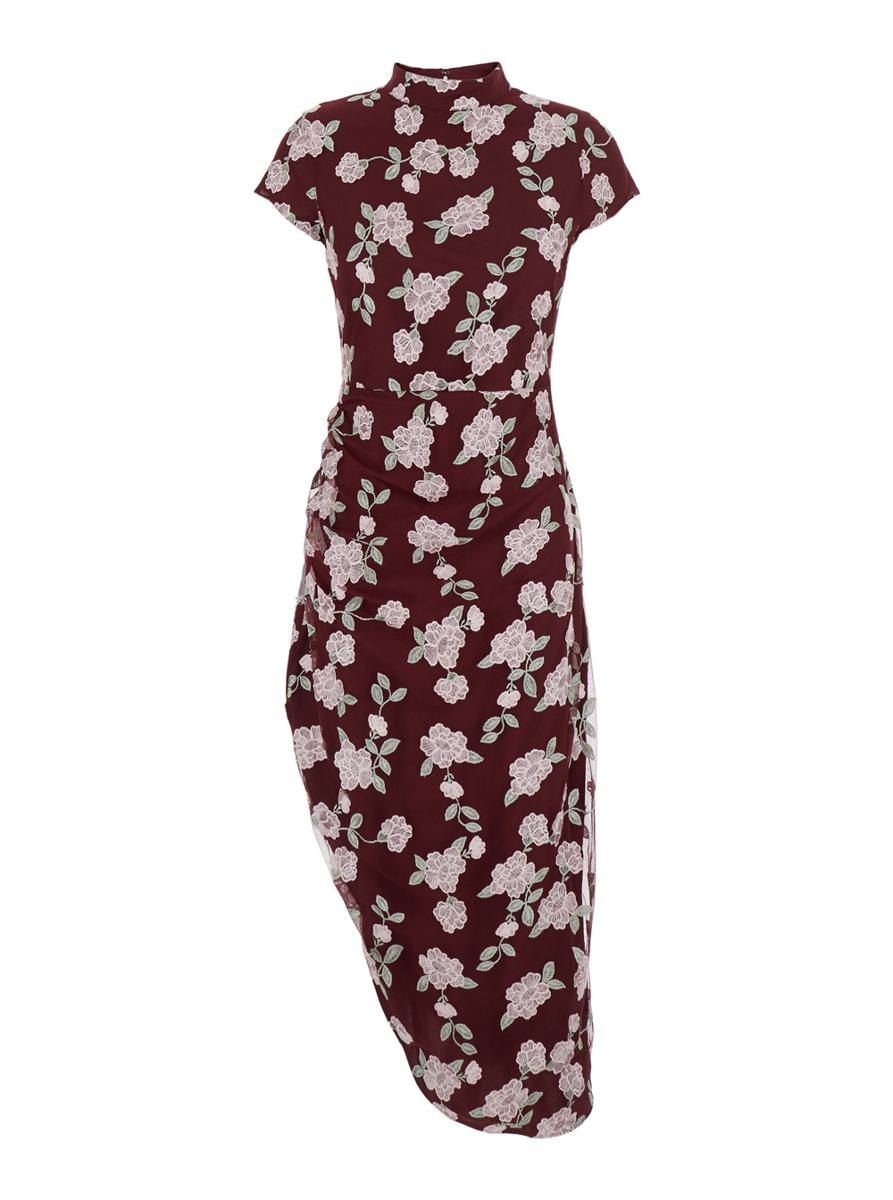 Bordeaux Dress With All-Over Floral Embroidery In Fabric Woman