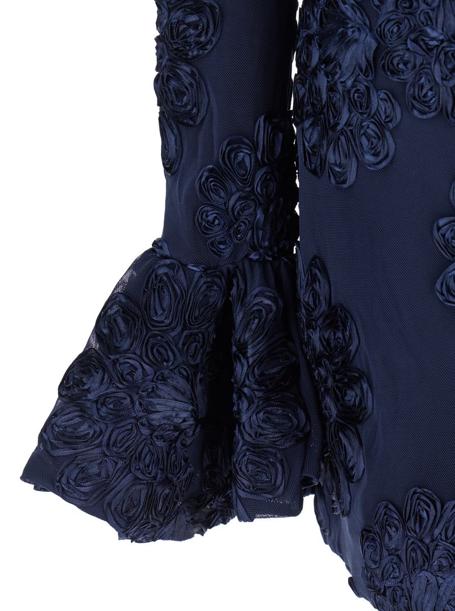 Blue Dress With Mesh Inserts And Embossed Flowers In Fabric Woman