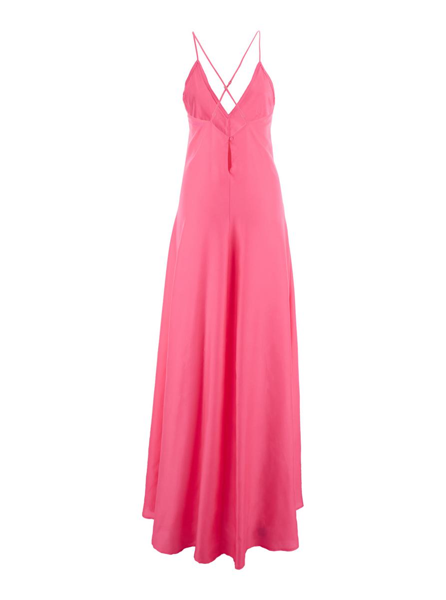Fuchsia Sleeveless Long Dress With Criss-Crossed Spaghetti Straps And Rear Button Closure In Tech Fabric Woman