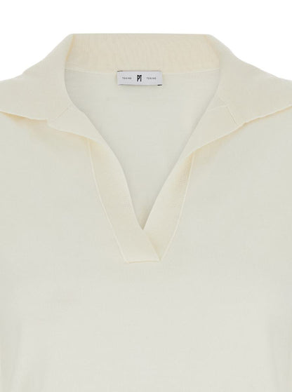 White Polo With V-Neck And Short Sleeves In Virgin Wool Woman