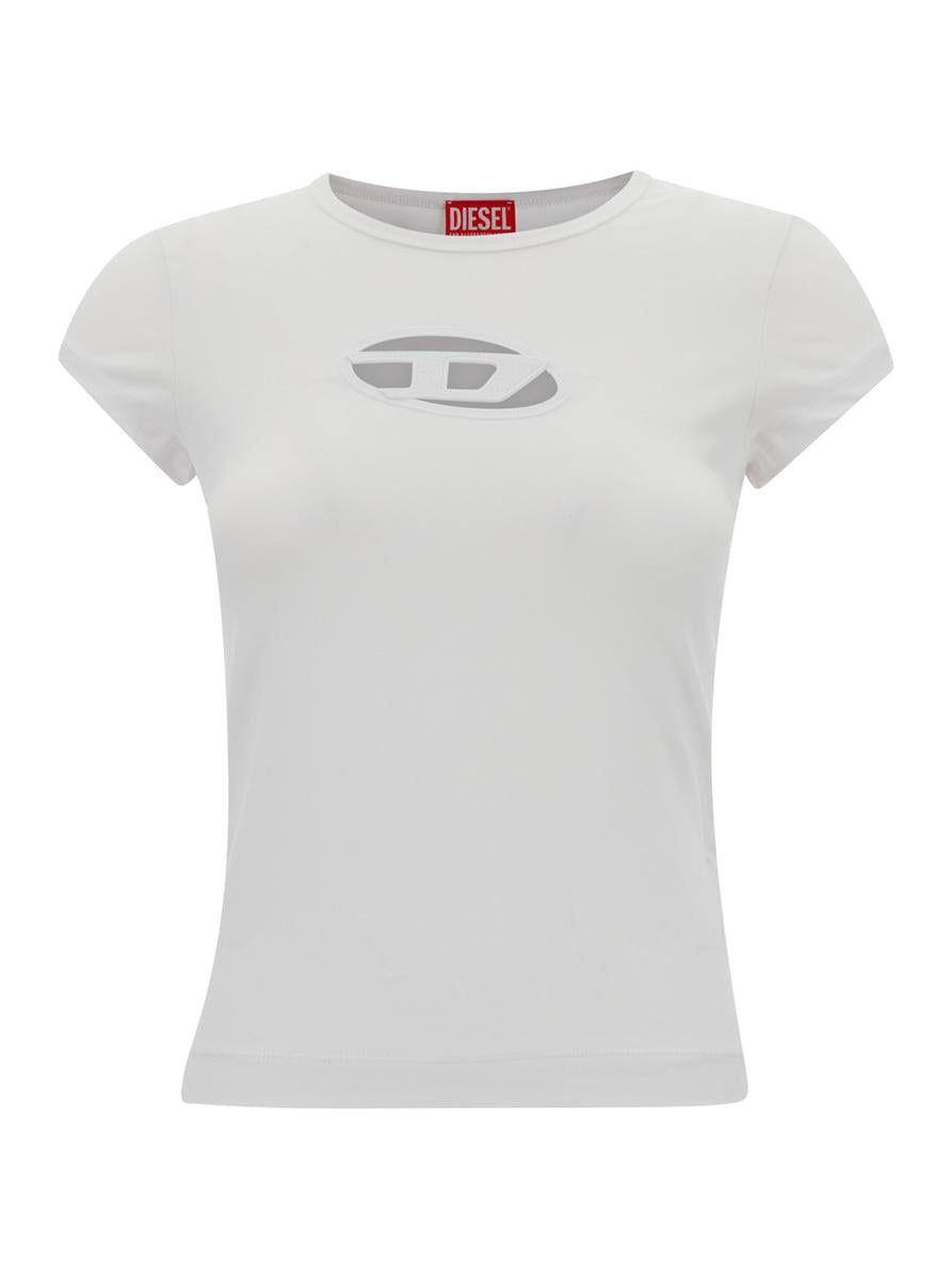 White T-Shirt With Oval D Cut Out Detail In Stretch Cotton Woman