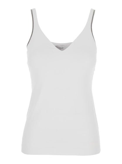 White Sleeveless Top With V Neck And Monil Detail On The Shoulder Straps In Cotton Stretch Woman