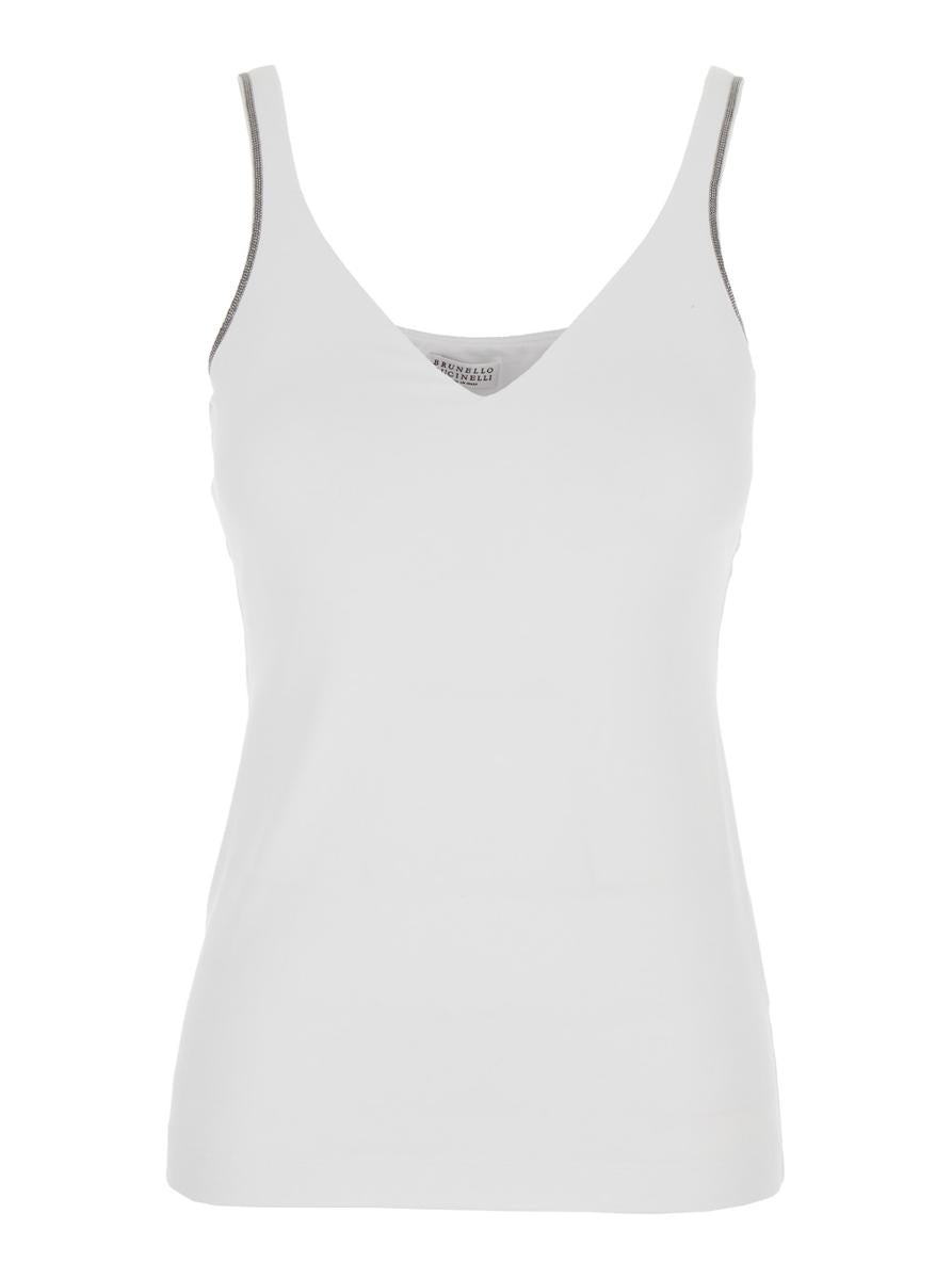 White Sleeveless Top With V Neck And Monil Detail On The Shoulder Straps In Cotton Stretch Woman