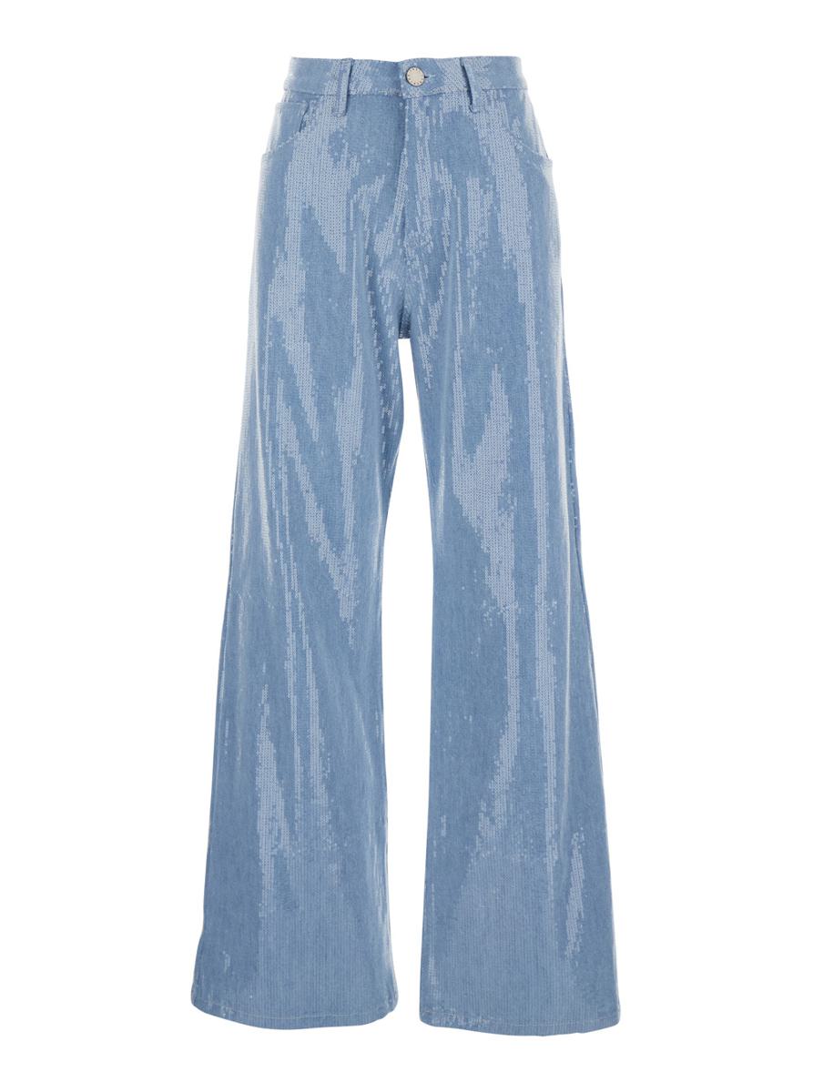 Light Blue Five-Pocket Jeans With All-Over Sequins In Fabric Woman