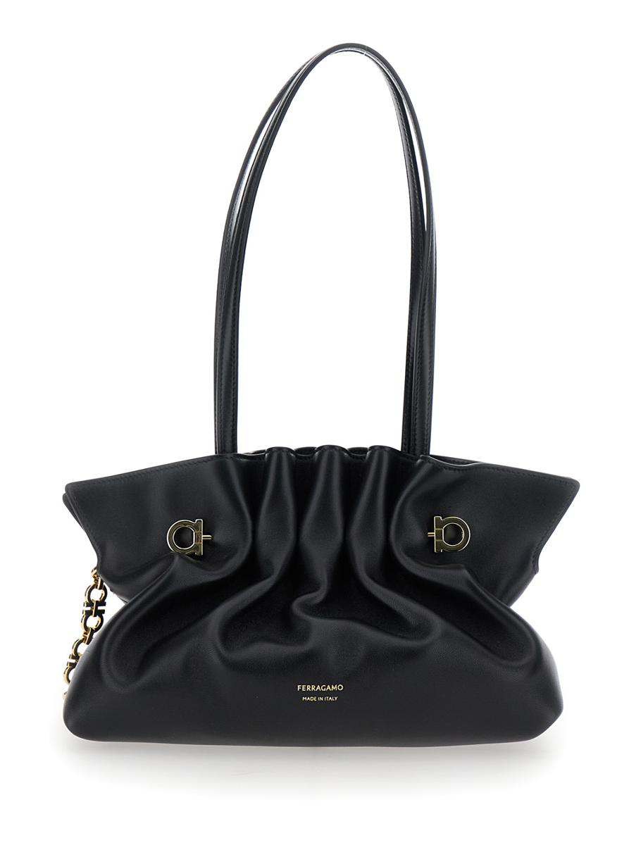 Black Crossbody Bag With Embossed Logo Lettering On The Front And Gancini In Leather Woman