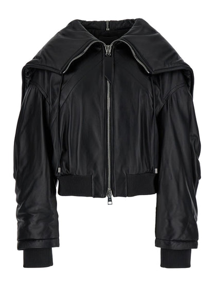 Black Bomber Jacket With Zipped Oversized Hood In Leather Woman