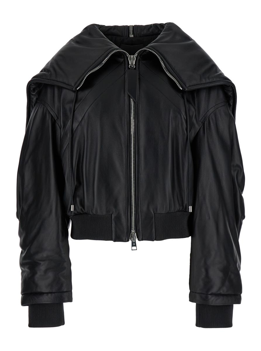 Black Bomber Jacket With Zipped Oversized Hood In Leather Woman