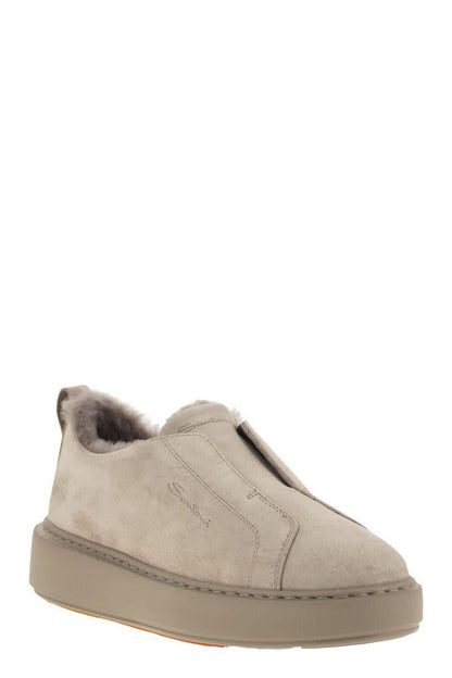 Santoni Slip-On Suede Sneakers With Fur