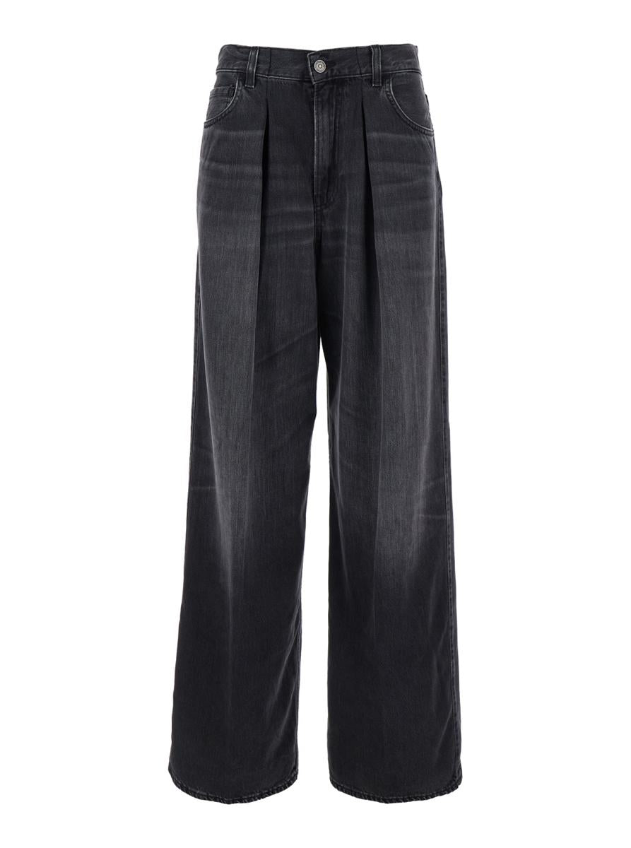 Black Jeans With Front Pleats And Logo Patch On The Back In Cotton Woman