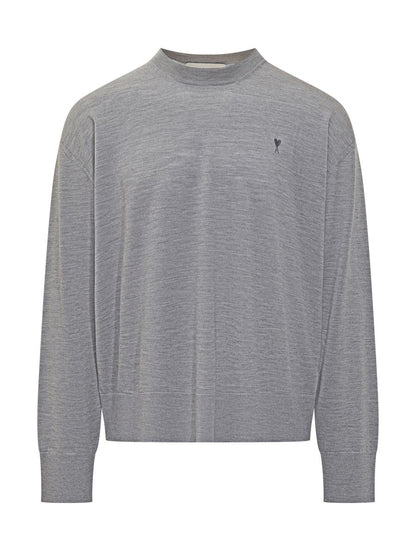 AMI Paris Grey Wool Crew Neck Sweater Ami Alexandre Mattiussi