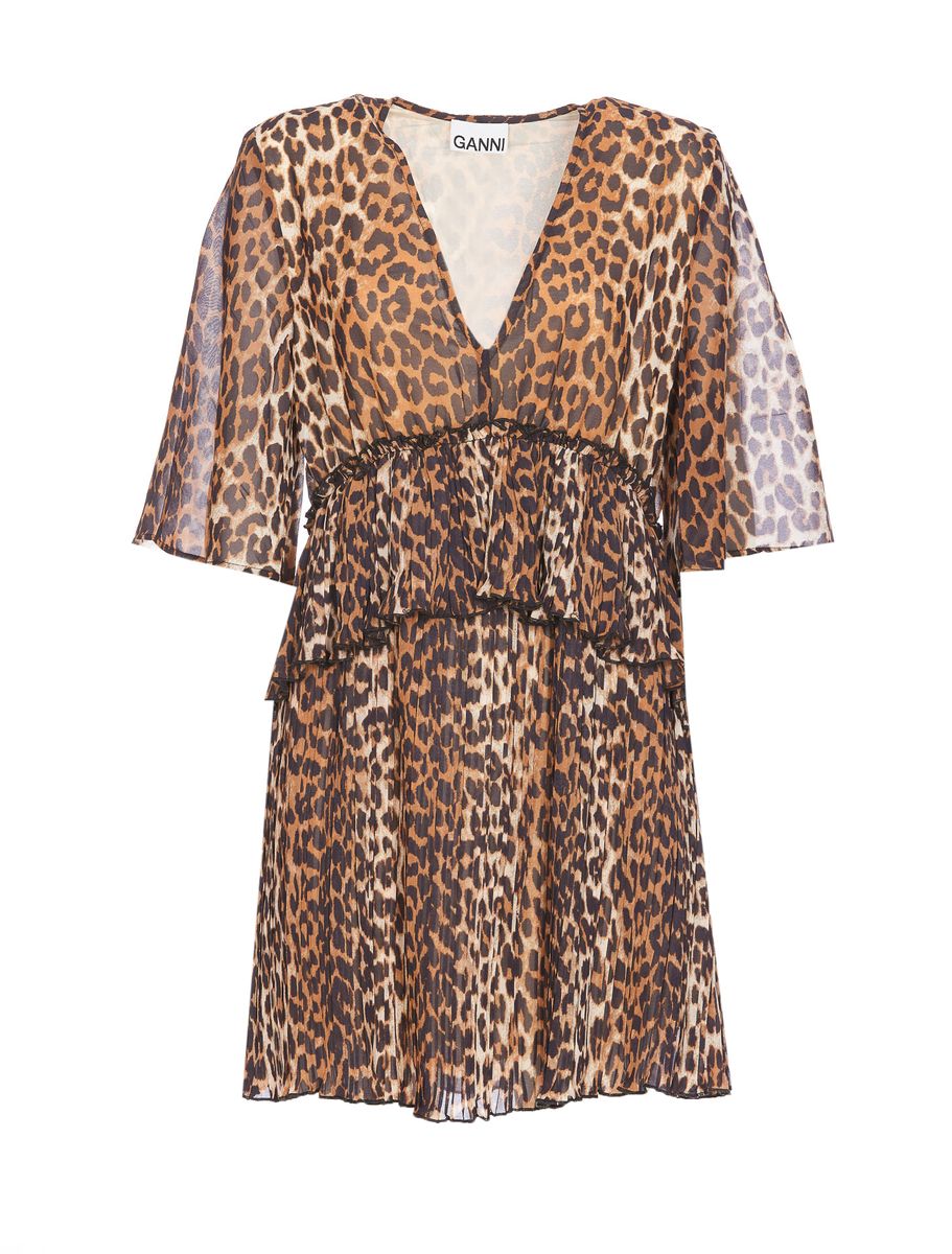 Ganni Pleated Georgette V-Neck Flounce Mini Dress
