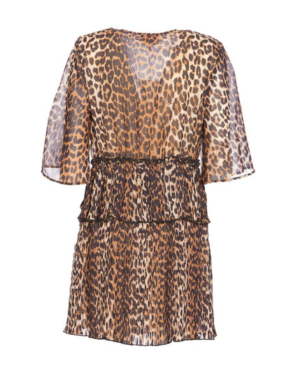 Ganni Pleated Georgette V-Neck Flounce Mini Dress