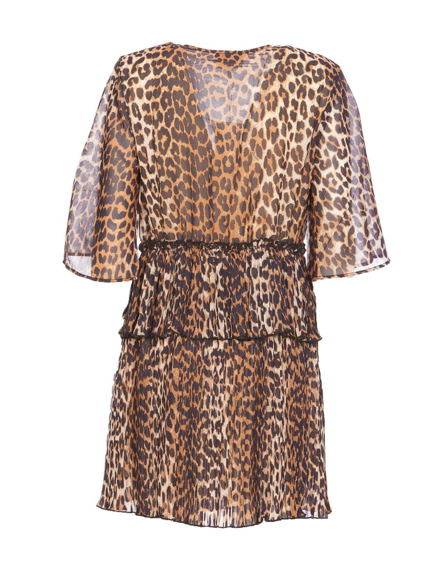 Ganni Pleated Georgette V-Neck Flounce Mini Dress