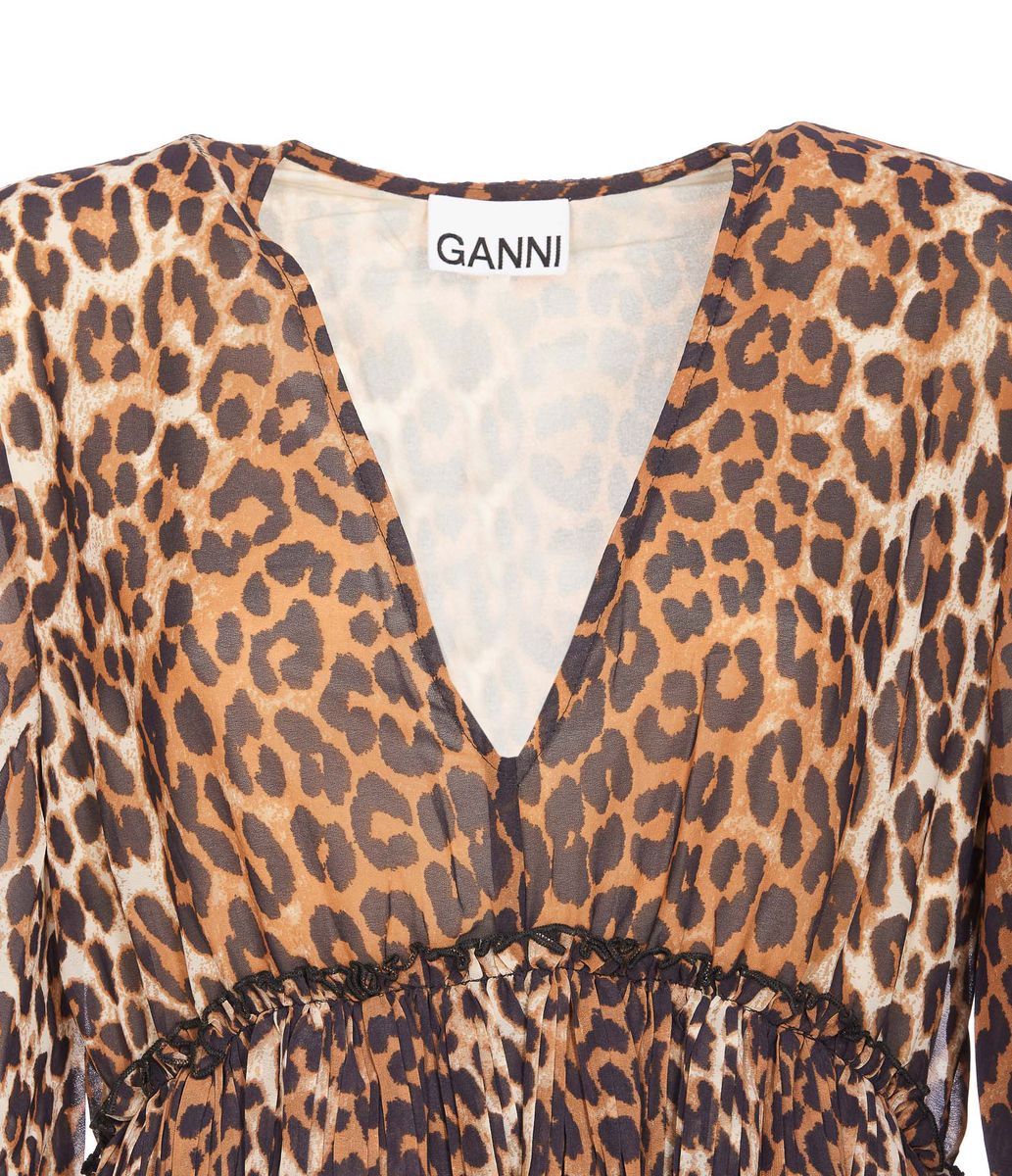 Ganni Pleated Georgette V-Neck Flounce Mini Dress