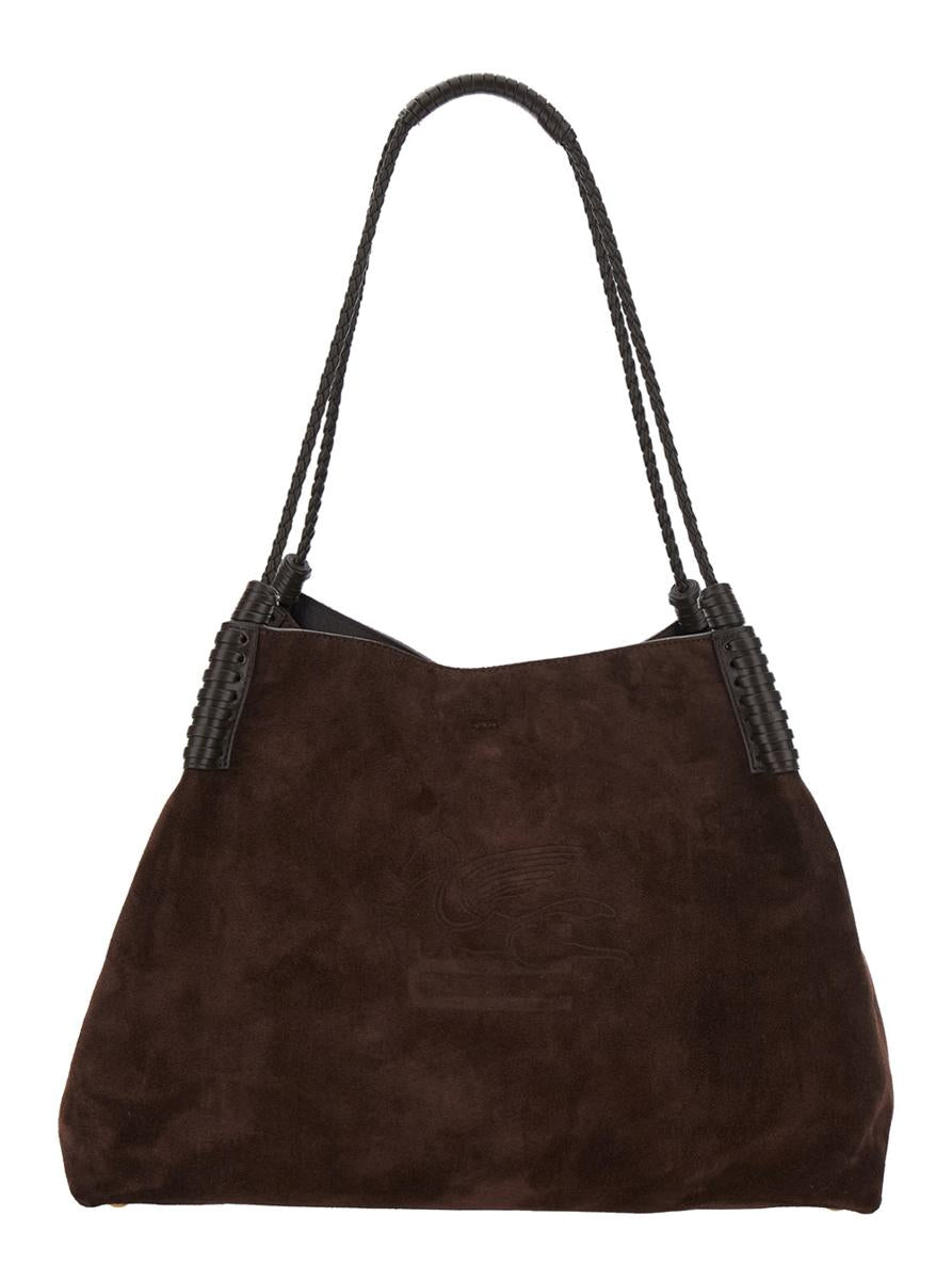 'Libra' Brown Big Shoulder Bag With Logo Embroidery On The Front And Braided Handles In Suede Woman