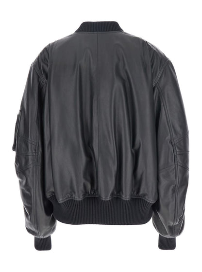 Black Bomber Jacket With Zip Closure In Leather Woman