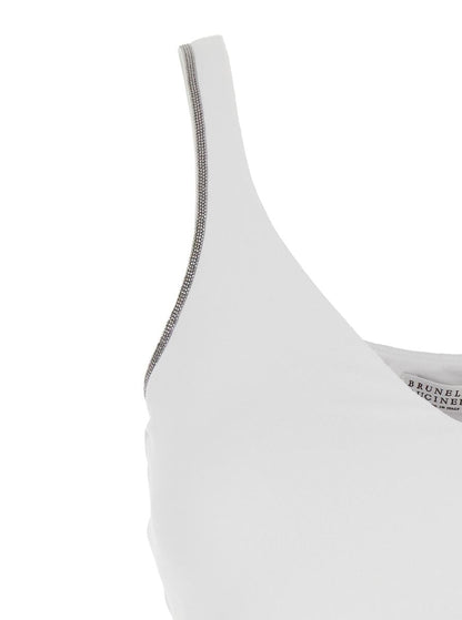 White Sleeveless Top With V Neck And Monil Detail On The Shoulder Straps In Cotton Stretch Woman