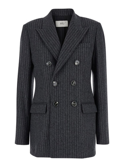 Grey Striped Double-Breasted Jacket In Wool Woman