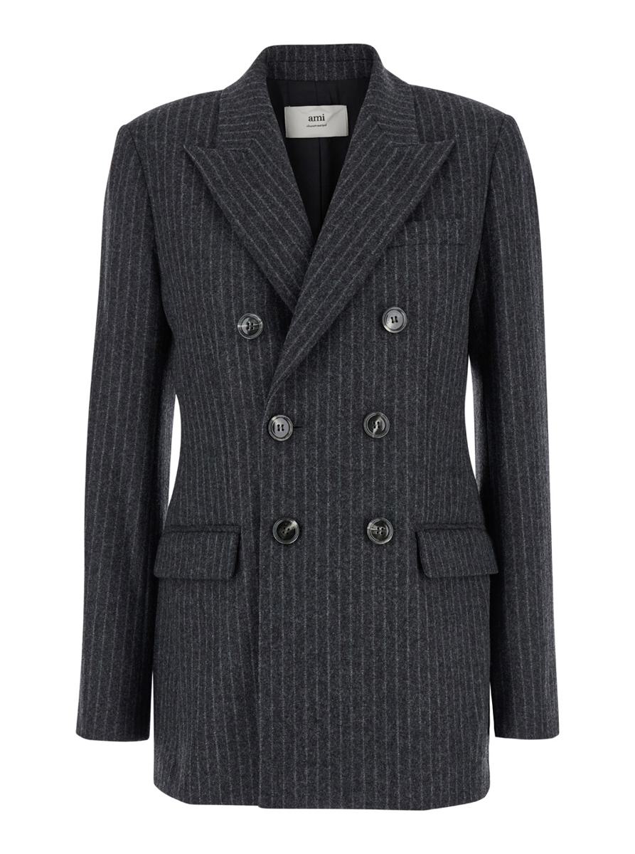 Grey Striped Double-Breasted Jacket In Wool Woman
