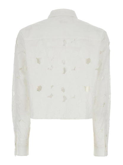 White Shirt With Classic Collar And All-Over Perforated Details In Cotton Woman