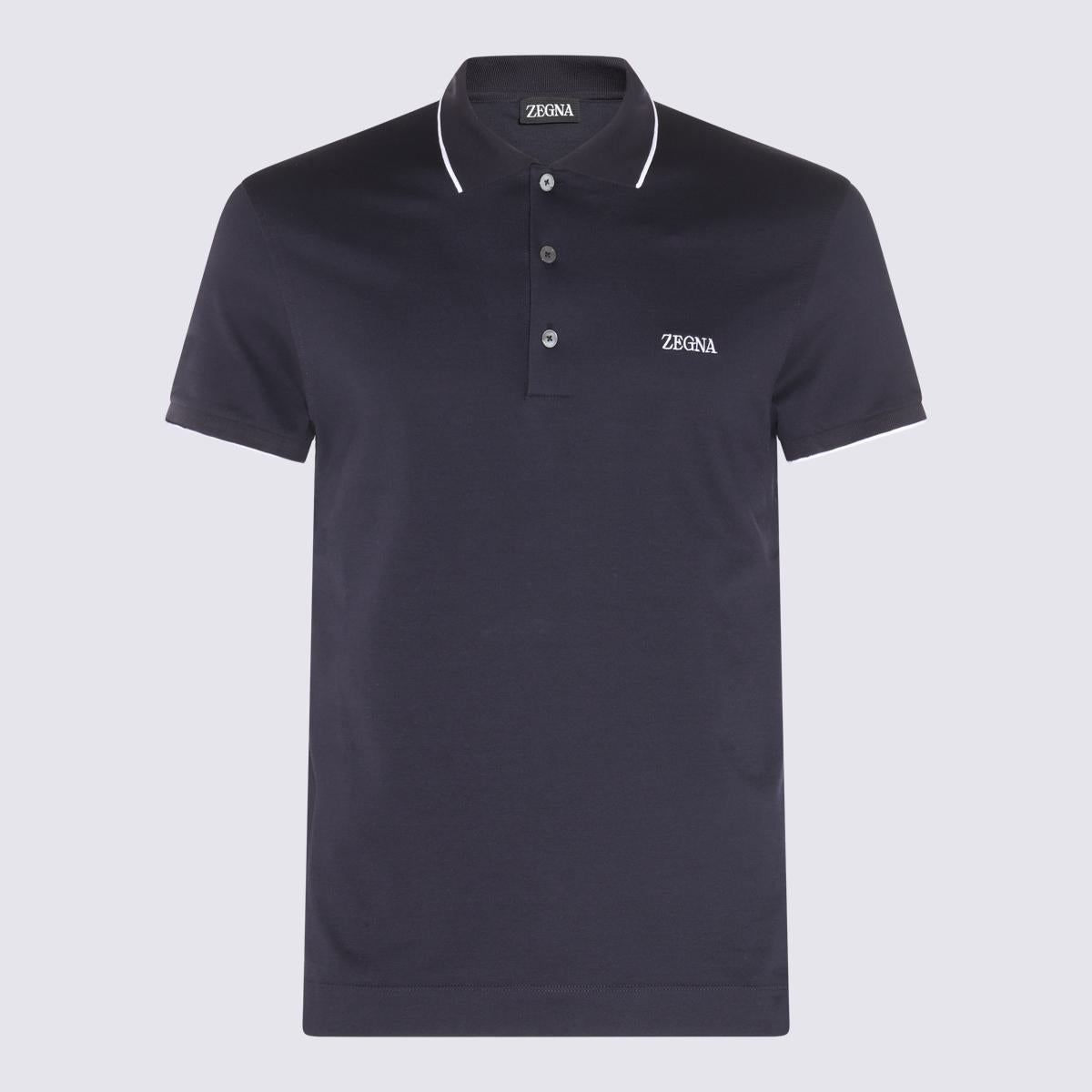 Zegna Navy Blue And White Cotton Polo Shirt