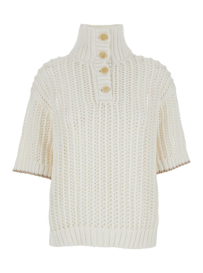White High Neck Sweater With Perforated Design In Cotton Woman