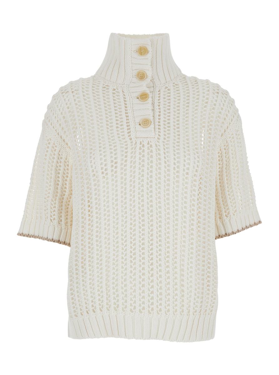 White High Neck Sweater With Perforated Design In Cotton Woman