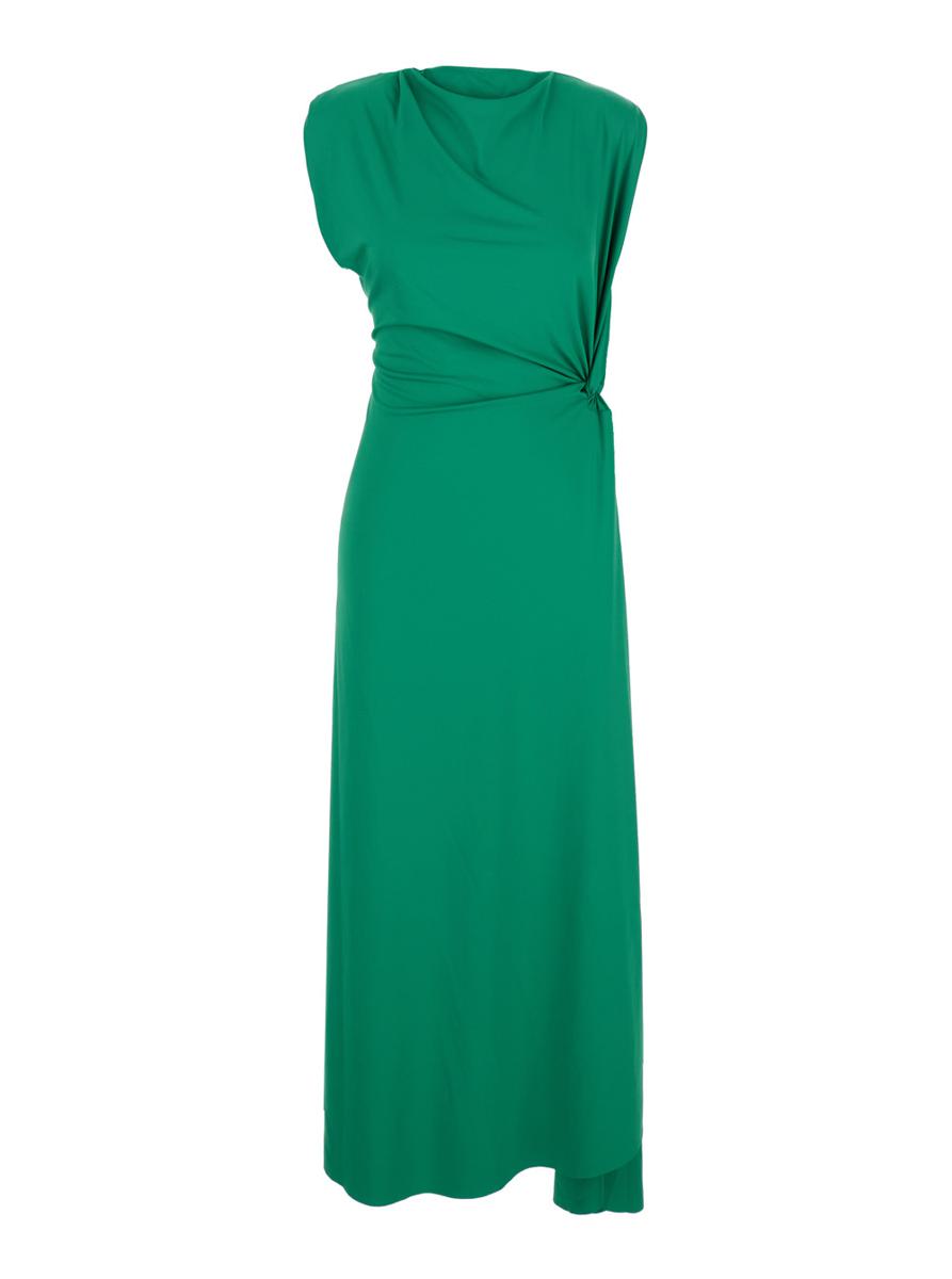 Green Long Dress With Pleated Details In Tech Fabric Woman