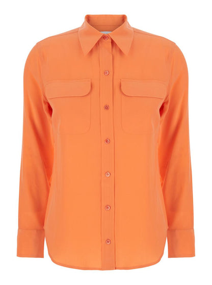 'Signature' Orange Shirt  With  Pointed Collar In Silk Woman