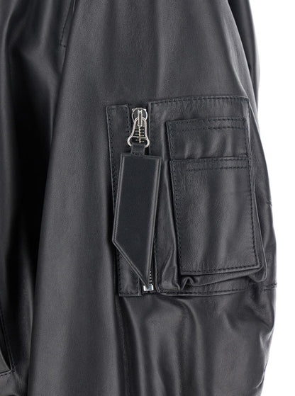 Black Bomber Jacket With Zip Closure In Leather Woman