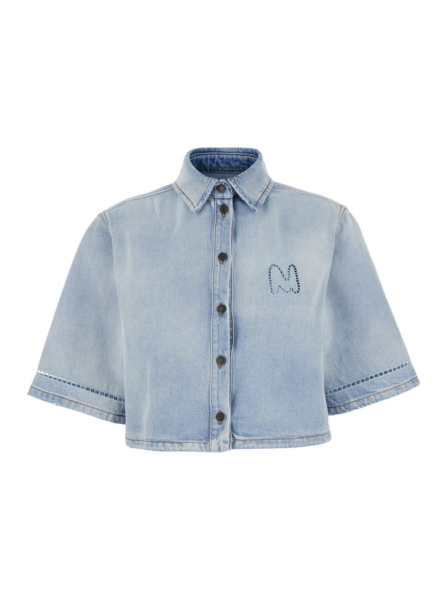 Light Blue Crop Shirt With Logo On The Front And Perforated Details In Denim Woman