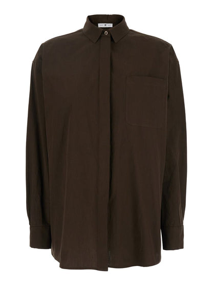 Brown Shirt With Classic Collar And Patch Pocket On The Chest In Cotton Woman