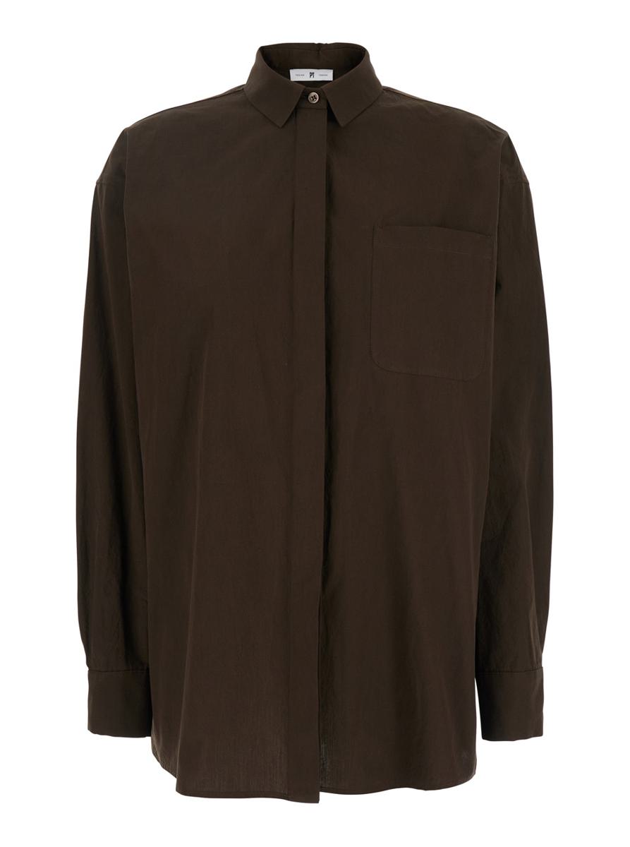 Brown Shirt With Classic Collar And Patch Pocket On The Chest In Cotton Woman