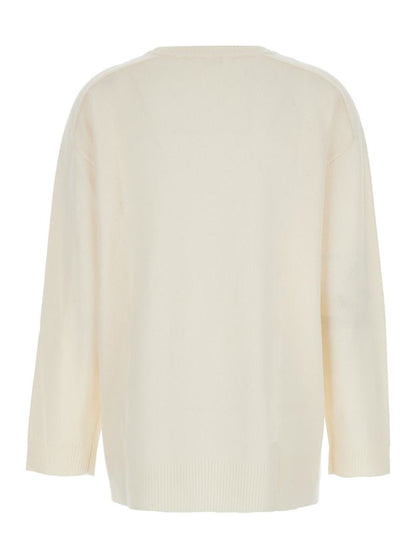 White Crewneck Sweater With Asymmetric Hem In Wool And Cashmere Woman