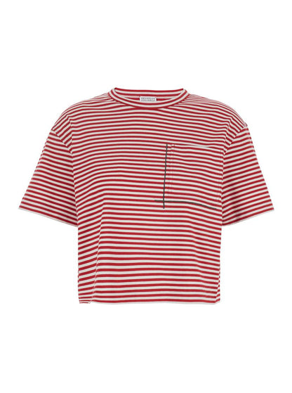 Red Crewneck T-Shirt With All-Over Striped Motif And Jewel Detail On The Front In Cotton Woman