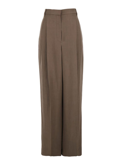 Brown Pants With Pleated Details In Linen Blend Woman