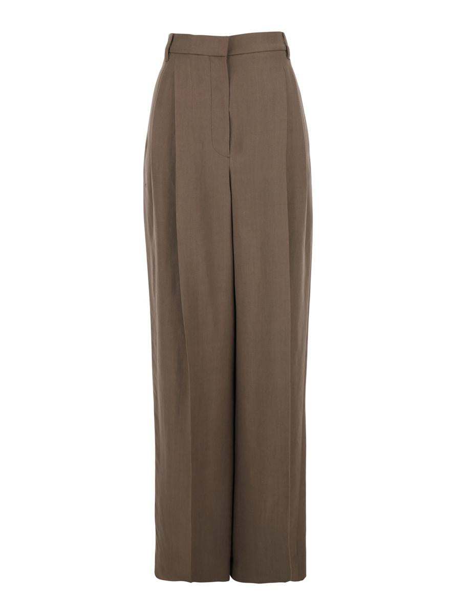 Brown Pants With Pleated Details In Linen Blend Woman
