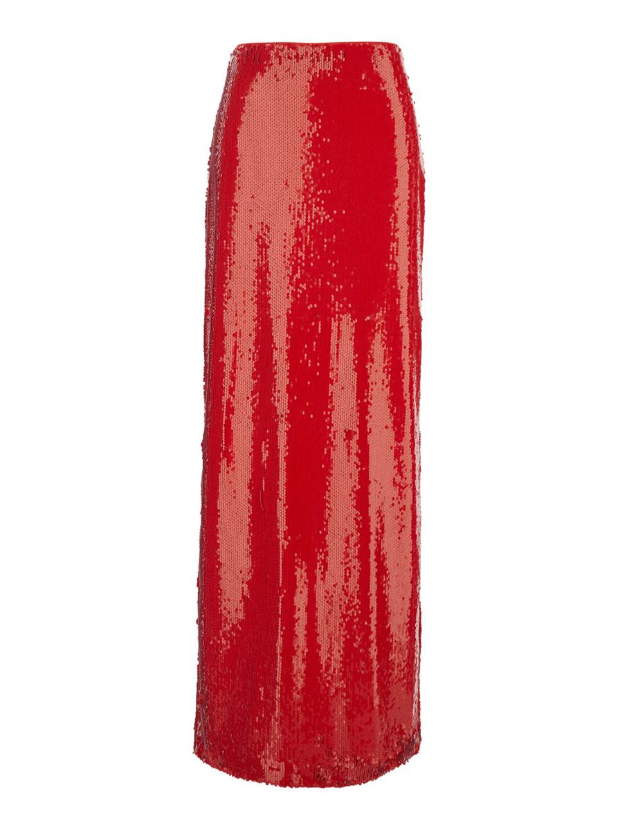 Red Sequin Skirt With Rear Single Slit In Tech Fabric Woman
