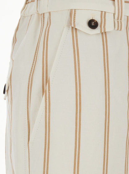 Multicolor Crop Pants With All-Over Striped Motif And Monile Detail In Linen And Cotton Blend Woman