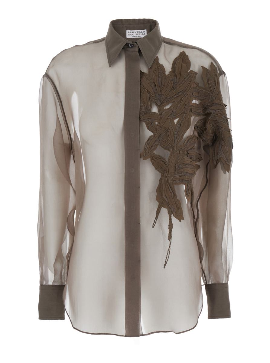 Brown Shirt With Semi-Transparent Design And Embroidery On The Front In Silk Woman