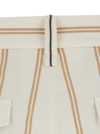Multicolor Crop Pants With All-Over Striped Motif And Monile Detail In Linen And Cotton Blend Woman