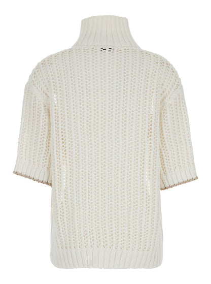 White High Neck Sweater With Perforated Design In Cotton Woman