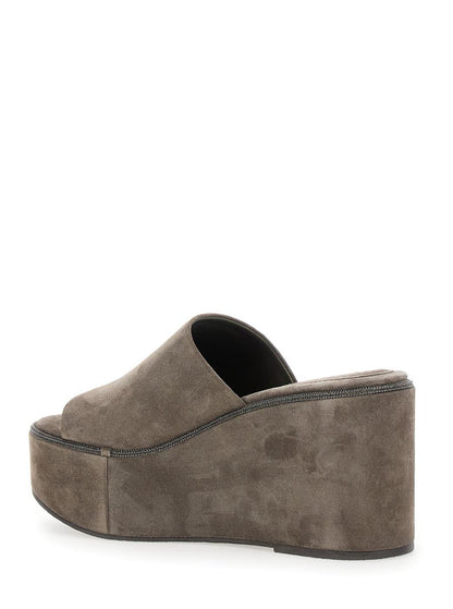 Brown Wedges With Almond Toe In Suede Woman