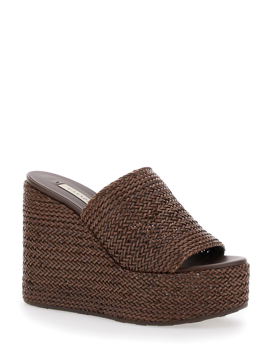 Brown Wedges With Almond Toe And Woven Design In Synthetic Fiber Woman