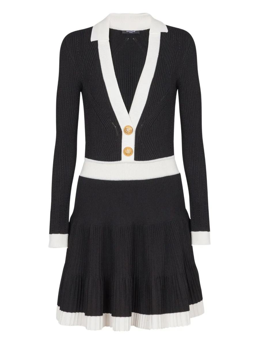 Balmain Long Sleeves V-Neck Flare Knit Dress Clothing