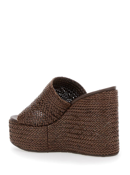 Brown Wedges With Almond Toe And Woven Design In Synthetic Fiber Woman