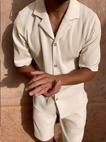 2 Peças Conjunto Casual Masculino de Verão, Camisa Manga Curta com Calça de Cordão e Tecido Não Elástico, Corte Regular para Uso Diário e Praia, Cor Sólida