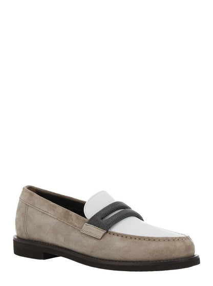 Beige Loafers With Monile Detail And Chain In Suede Woman