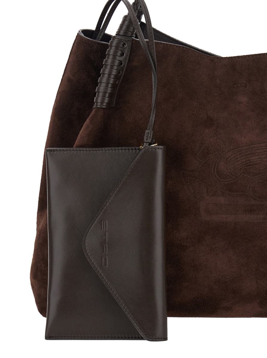 'Libra' Brown Big Shoulder Bag With Logo Embroidery On The Front And Braided Handles In Suede Woman